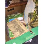 A box of theater programmes, ephemera, coin magazines, etc.