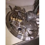 A colection of silver plated ware including 2 trays, Walker & Hall teapot, coffee pot, milk &