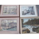 J Wilcock, pair, Ribble Valley scenes, Edisford and Brungerley bridges, watercolours, 39cm x 28cm,