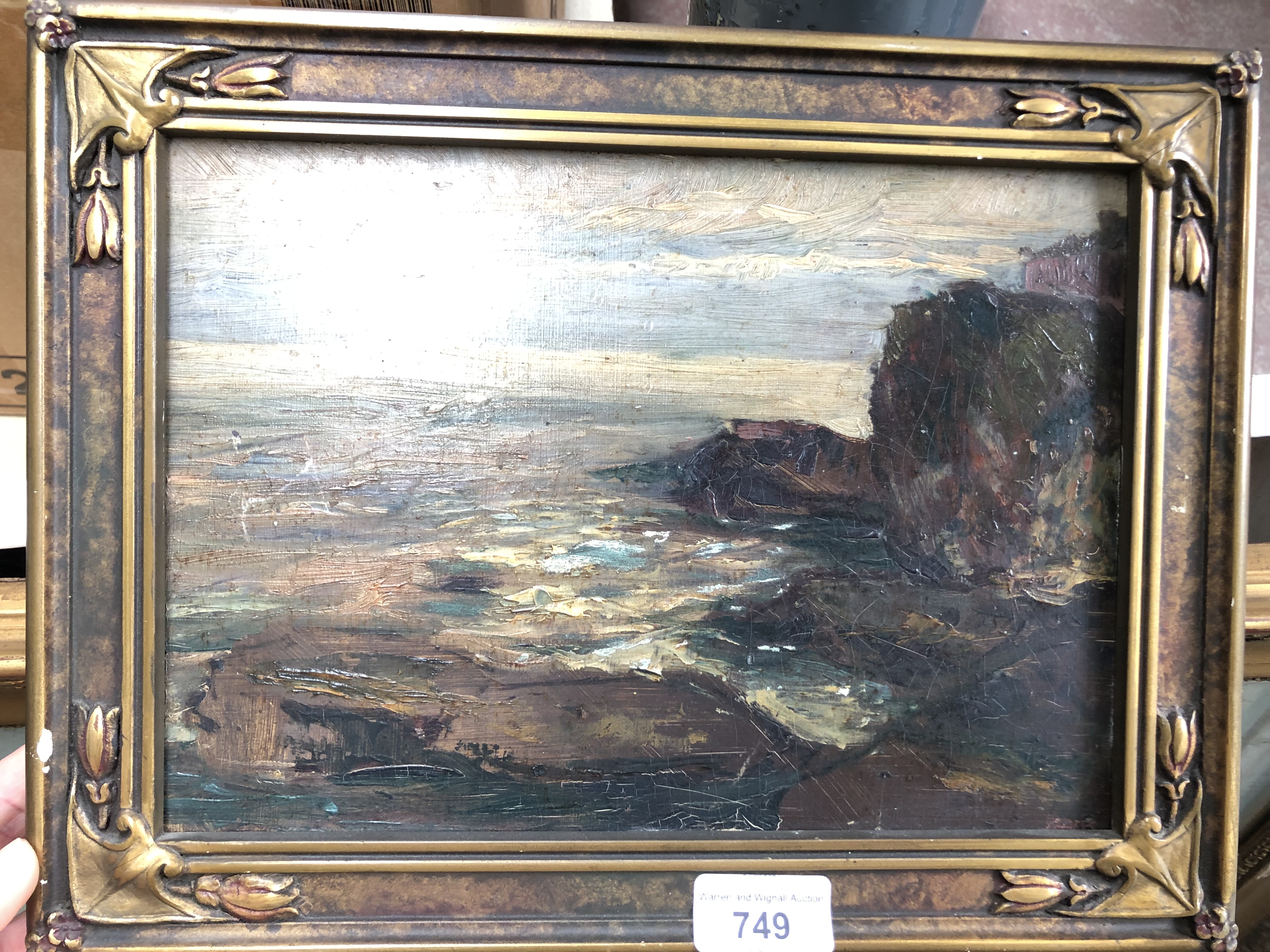 An early 20th century coastal scene oil on board, indistinctly signed lower right, possibly Russian? - Image 2 of 9