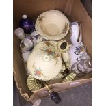 A mixed box to include oriental coffee set, brass light fittings, decanter, Grindley table ware etc