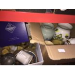 2 boxes of misc pottery, ceramics, pewter, teaware, etc.