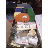 2 boxes of misc to include clock radio, fan heater, Dartington crystal bowl, Scrabble game, mugs and