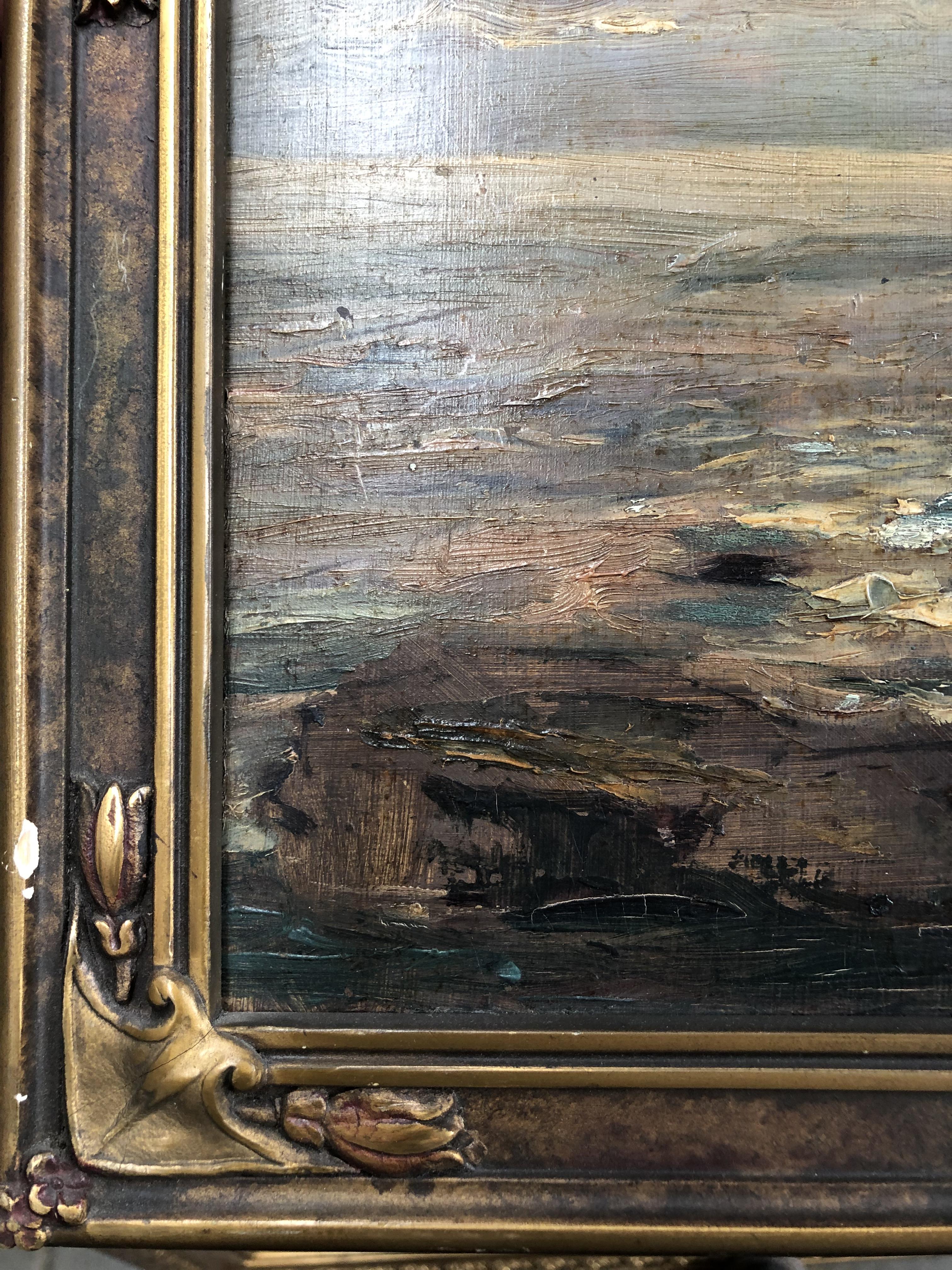 An early 20th century coastal scene oil on board, indistinctly signed lower right, possibly Russian? - Image 4 of 9