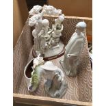 A box containing 4 figurines. 2 marked Made in Spain, 1 entitled Serenade, and a continental style