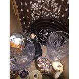 A box of collectables to include mother of pearl inlaid wooden trays, Russian dolls, glass bottles