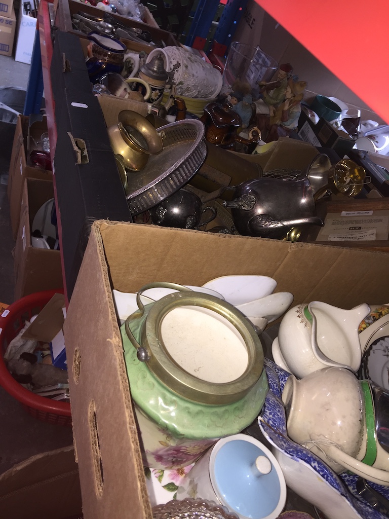 3 boxes and 2 small wooden boxes of misc pottery, platedware, brass, cutlery, Xmas baubles,