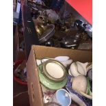 3 boxes and 2 small wooden boxes of misc pottery, platedware, brass, cutlery, Xmas baubles,
