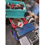 Two tool boxes and two plastic boxes of various mixed tools