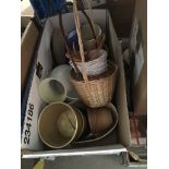 A box of planters, wicker baskets, etc.