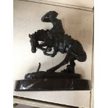 A Franklin Mint repro metal figure on marble base after Frederic Remington, A cowboy on horse