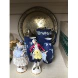 Plated tray, twp porcelain small figures and four pieces of Wedgwood blue jasper ware