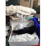 5 boxed pairs of ladies shoes, a fur cape, leather gloves, linen, lace, etc.