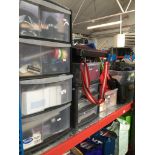 A collection of misc items to include plastic 4 drawer unit with contents, cleaning items,
