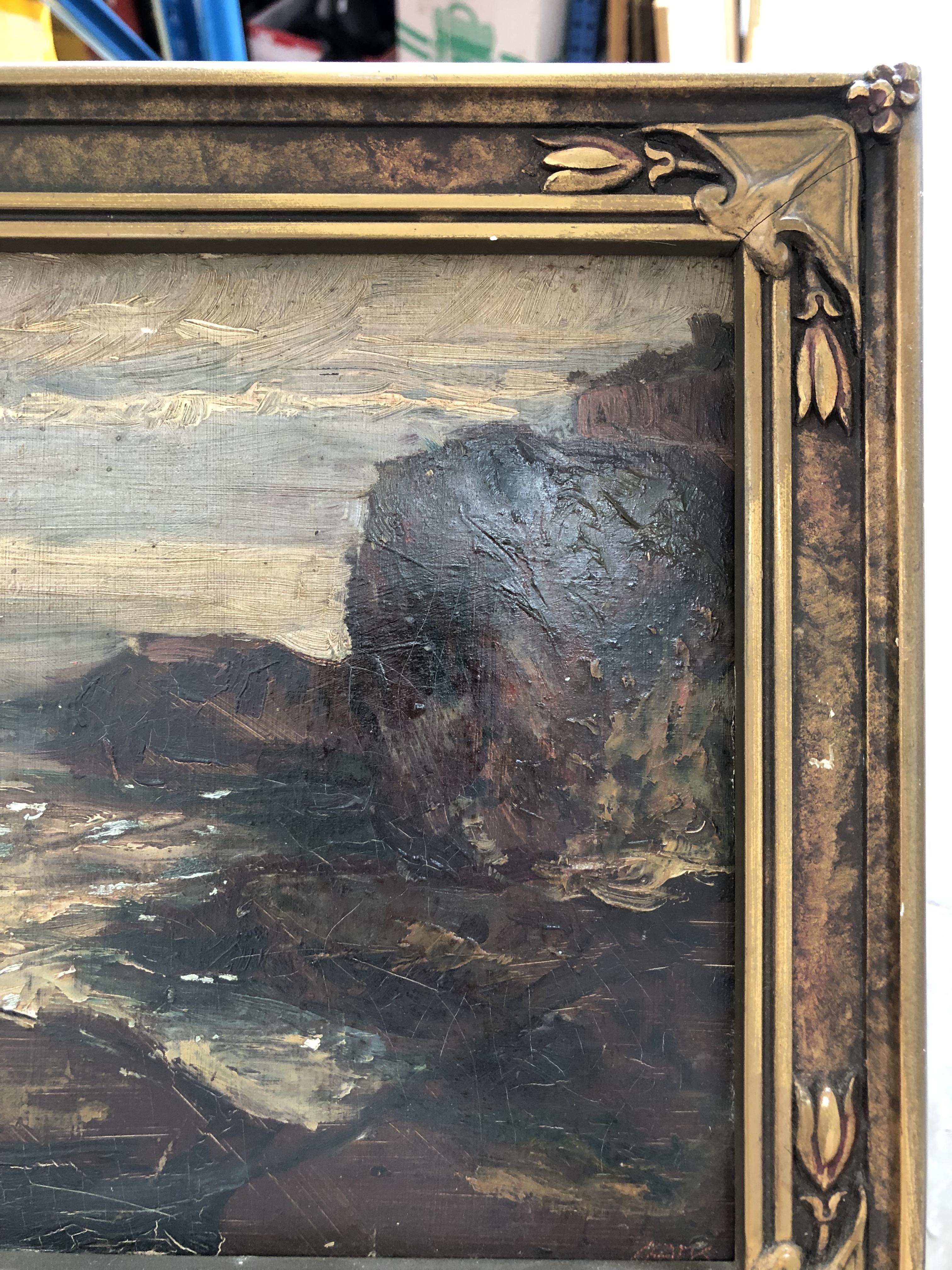 An early 20th century coastal scene oil on board, indistinctly signed lower right, possibly Russian? - Image 7 of 9