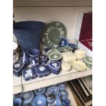 Over 20 pieces of Wedgwood Jasper ware, various colours black, green cream, two shades of dark blue.