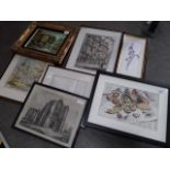 A quantity of original pictures comprising a continental oil 24cm x 19cm, a still life watercolour