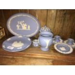 Eight pieces of Wedgwood blue jasper ware