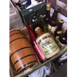 Hennessy barrel, stoneware cider flagon, De Kuyper square bottle and assorted empty drink bottles