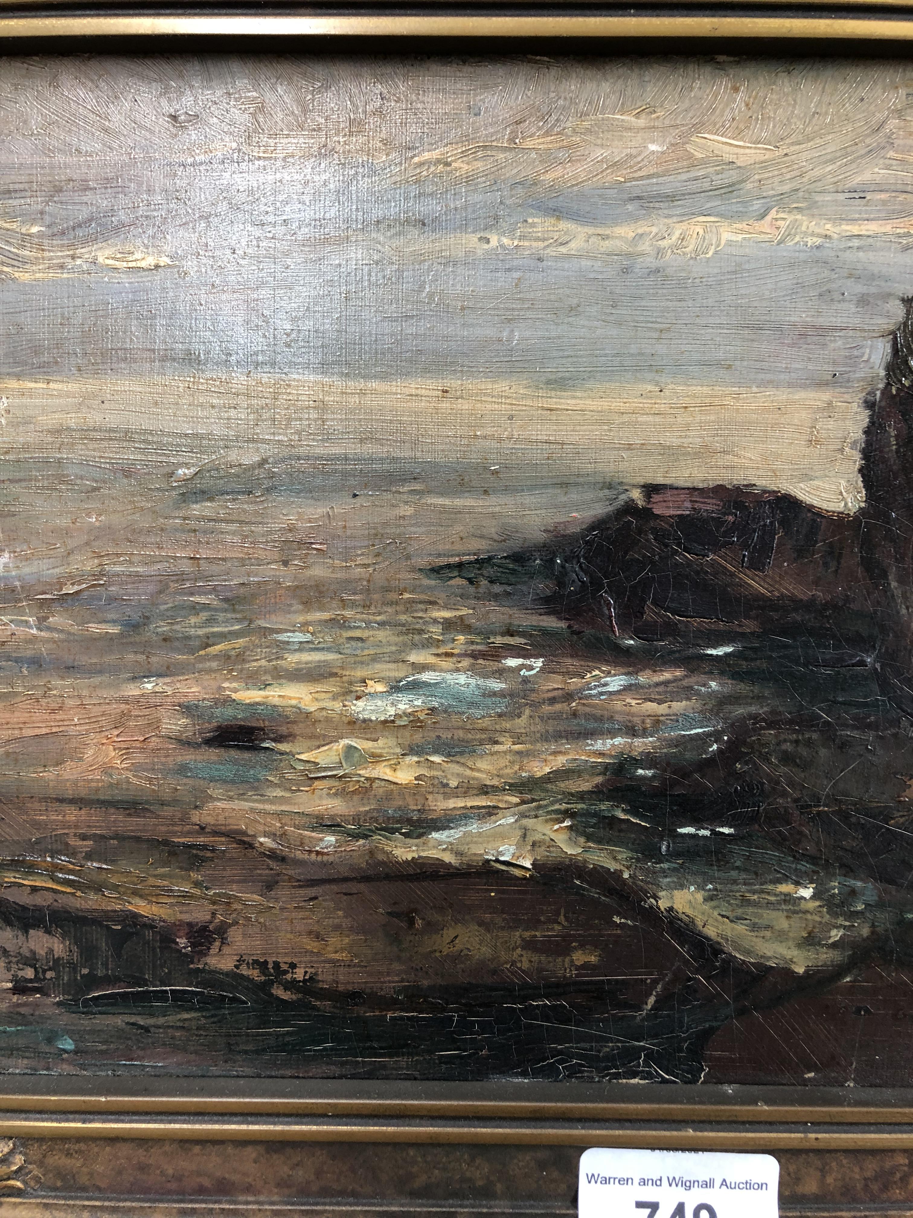 An early 20th century coastal scene oil on board, indistinctly signed lower right, possibly Russian? - Image 5 of 9