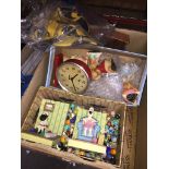 A box of misc to include Pendelfin figures, alarm clock, a small box of marbles and 2 Wallace and