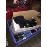 2 boxes of various household items to include an electric pump, fan, roller blind, watches,