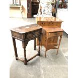 An oak single drawer side table together with a walnut bedside cabinet