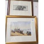 A watercolour by Windsor Morris - "Work in the Harbour", and a Kevin Hayter signed print