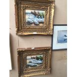 2 oil paintings in ornate gilded frames, both depicting ducks on water, and a similar watercolour