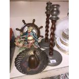 Wooden candlesticks, barometer etc.