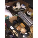 2 boxes of misc pottery, collectables, radio, stainless steel platters, ornaments, etc.