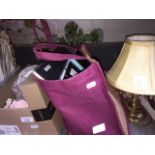 A box of various ceramics, a table lamp and a bag of bric a brac