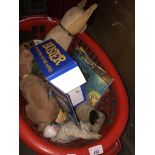 A basket of vintage toys to include a troll, nodding dogs, Danish stuffed dogs, Wade porridge bowls,