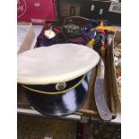 A tray of militaria to include hat, compass, a Waltham pocket watch, knife and Canadian pennants