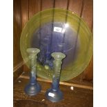 Blue and green glass plate and candlesticks