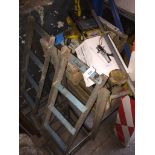 A box of axle stands, a box of garage items, a box of car mechanic tools, 2 car ramps and an