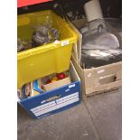 3 boxes of misc, books, pictures, pool balls, glass to include decanters, etc.