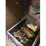2 brass chargers and a box of brassware.
