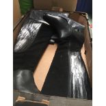 A box containing unused ladies leather boots size 4.5 and grey leather handbag and purse set