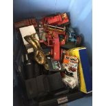 A box of collectables to include Corgi die-cast toys, binoculars, Dinky, Matchbox, Codemasters