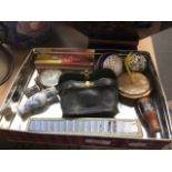 A tray of collectables including opera glasses, compacts, etc.