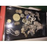 A tray of silver coins, fobs, chains and white metal items etc.