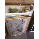 Four pictures including limited edition print and embroidered oriental picture