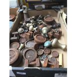 A box containing vintage scale weights