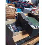 4 boxes of various items to include 2 wicker baskets, a composite barrel, small trolley / sack