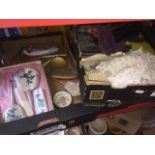 A box of vintage gloves, hats purses & linen and a box of dressing table items