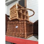 A picnic hamper, wicker wine carrier, and 2 section magazine rack