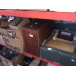 A box of film developing items and related products, a box of various slide boxes, lantern slides,