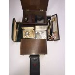 A mixed lot comprising assorted coins, costume jewellery, watch, boxes, camera etc.