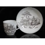 A Worcester porcelain cup and saucer, circa 1765, black transfer design Tea Party, with Robert